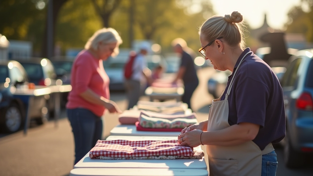 Early morning car boot sale car park with vendors setting up tables and displaying textile items under overhead cover