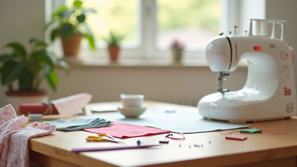 Creative workspace with sewing materials, fabric swatches, and a sewing machine on a wooden table