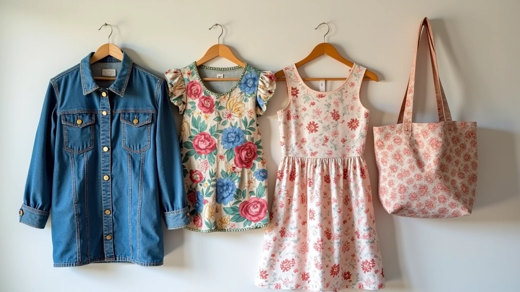 Upcycled garments displayed on wooden hangers