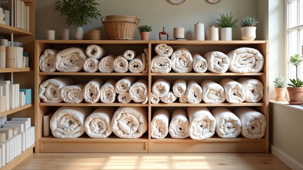 Neatly organized fabric storage with rolled and folded textiles arranged on wooden shelves with labels