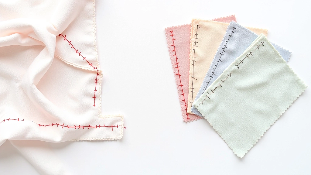 Variety of fabric swatches showing different stitch types including straight stitch, zigzag, and decorative stitches