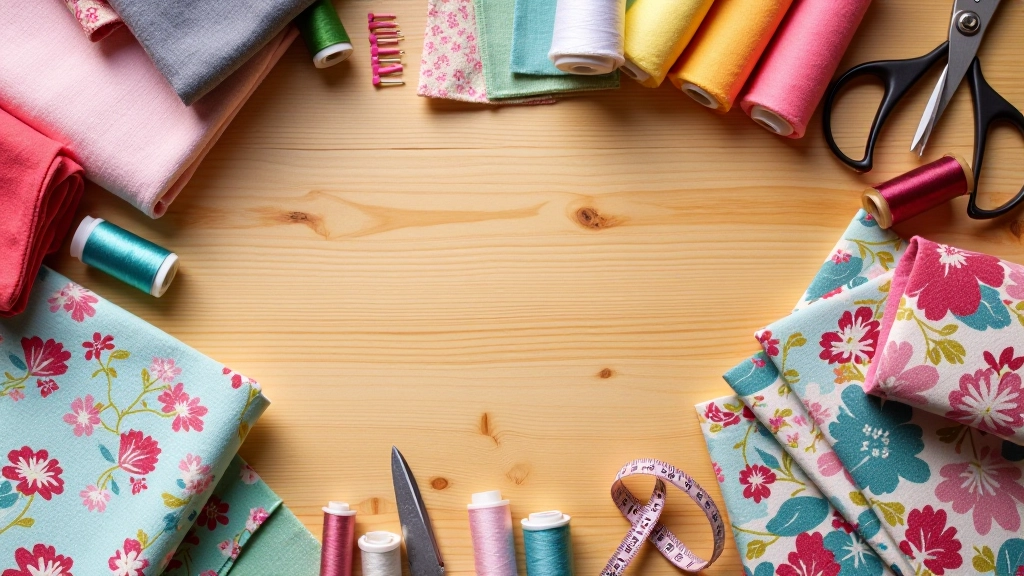 Colorful fabric swatches and sewing supplies arranged on a wooden crafting table