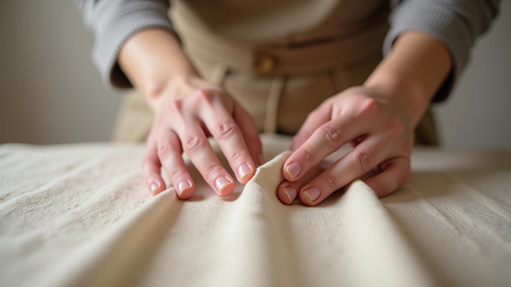 Hands examining and inspecting a piece of fabric for quality and condition