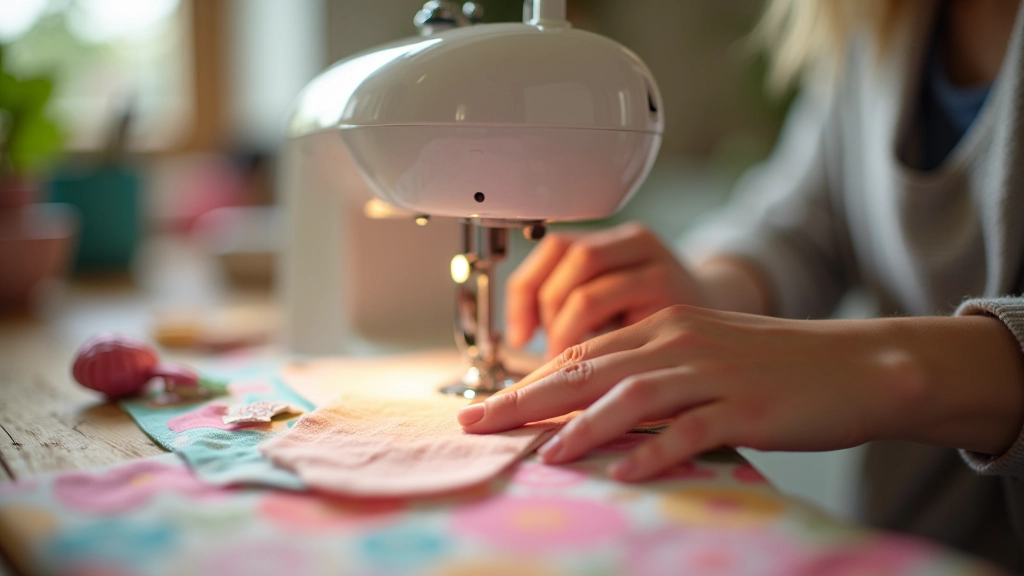 Detailed view of hands sewing on a machine with patterned fabric