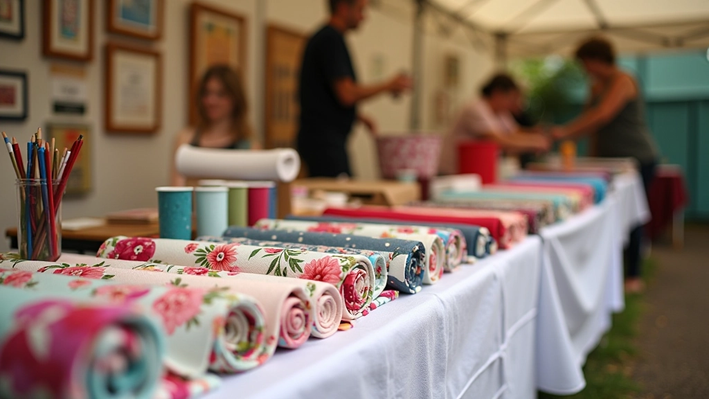 Car boot sale table displaying various fabric rolls and textile items