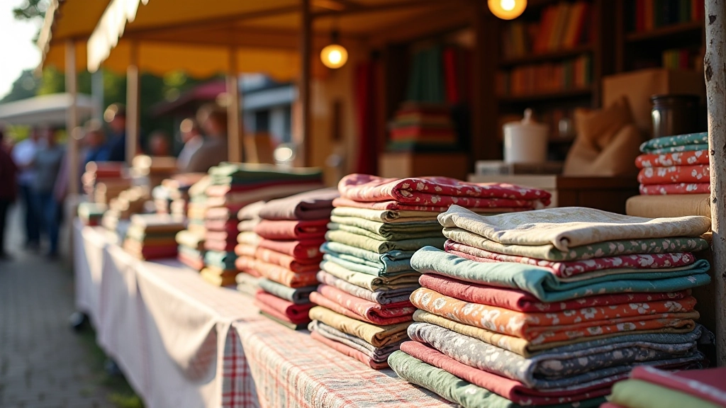 Vintage fabric stall at outdoor market with stacked textiles and patterned materials, natural daylight, organized display