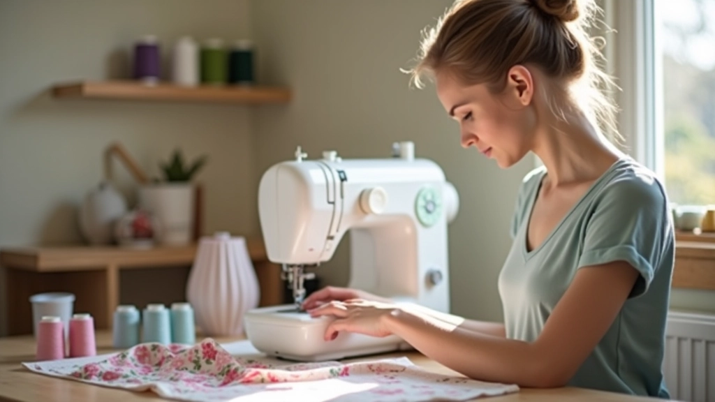 Beginner practicing sewing straight lines on fabric scraps at sewing machine with focused expression