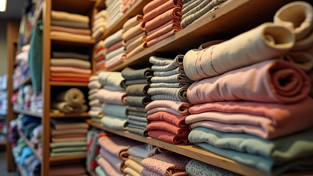Neatly folded fabric bolts on store shelf displaying various Liberty and Laura Ashley patterns in natural daylight