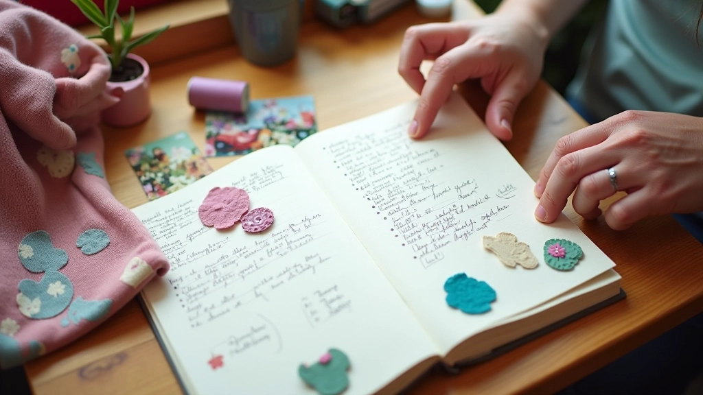 Open sewing notebook with fabric swatches pinned to pages, colour samples, and cost notes handwritten
