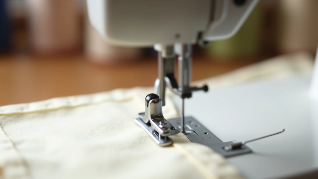 Close-up of sewing machine needle and presser foot on cream fabric with thread spools nearby
