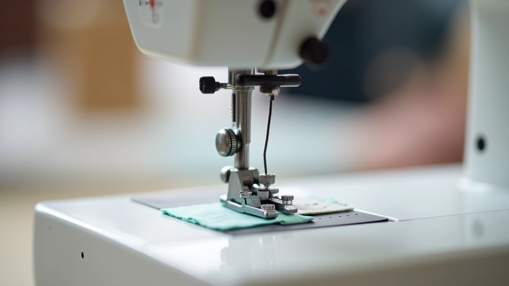 Sewing machine tension dial close-up with numbered settings and sample stitches showing good and poor tension examples