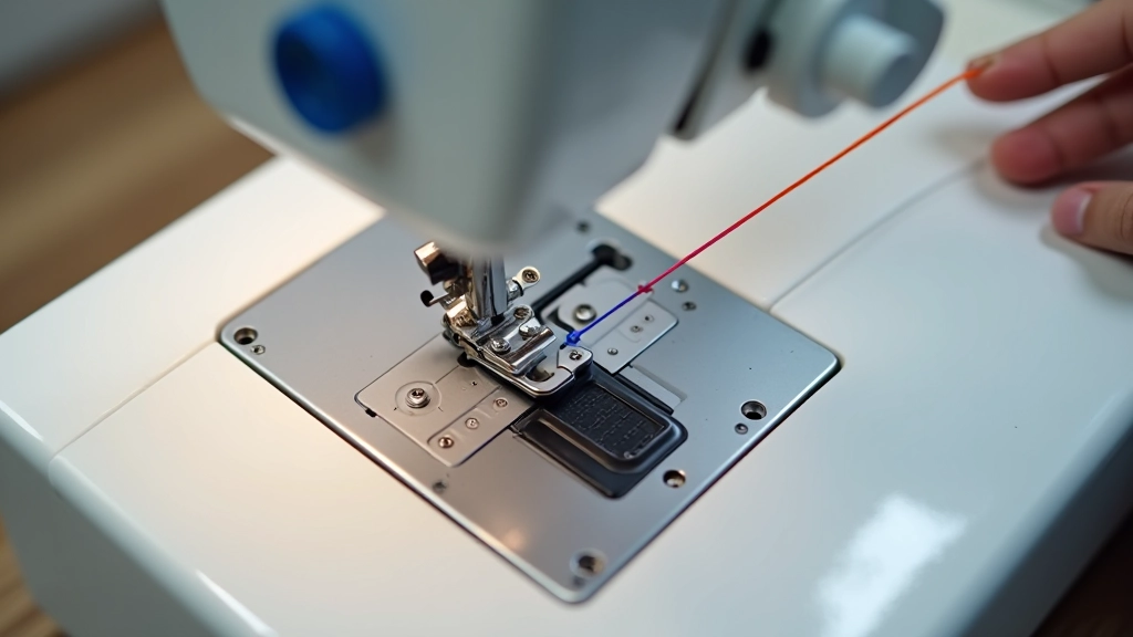 Step-by-step sewing machine threading path with needle threader tool and colored thread