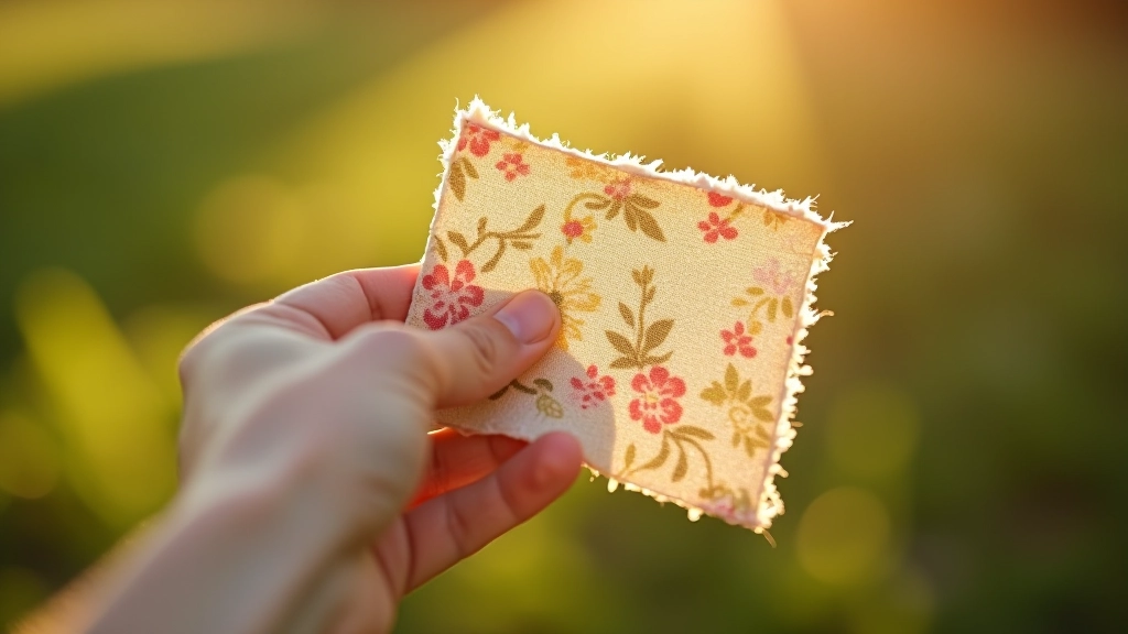 Hand holding up a piece of vintage printed cotton fabric showing pattern detail and weave quality against natural light