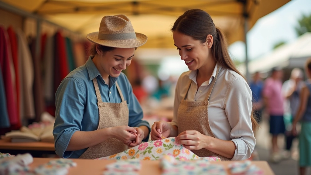 Seller at car boot sale in conversation with customer, both examining fabric pieces together in daylight