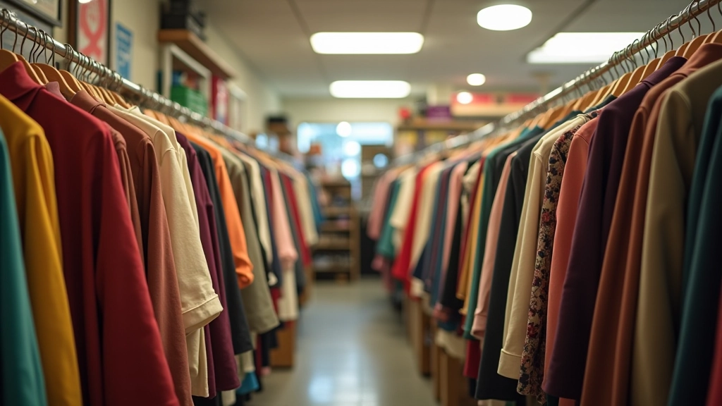 Vintage clothing hanging on racks in a charity shop display