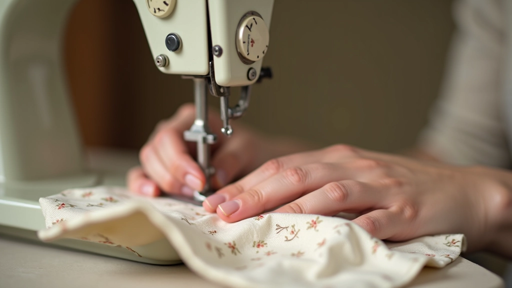 Hands positioned on fabric at a vintage sewing machine